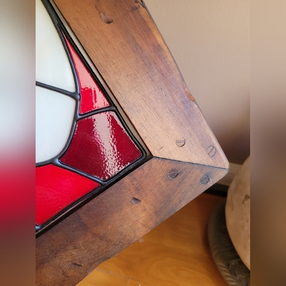 Vintage Holy Spirit White Red Stained Glass & Wood Panel Square #518024 14x 12" - Picture 4 of 11